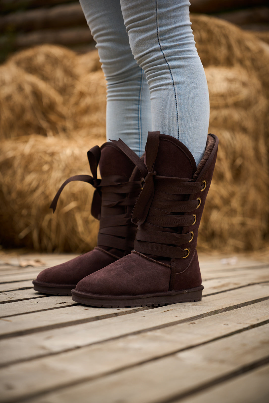 SMAIBULUN Ugg | Ribbon Lace-Up Faux Fur-lined Suede Boot - Chocolate