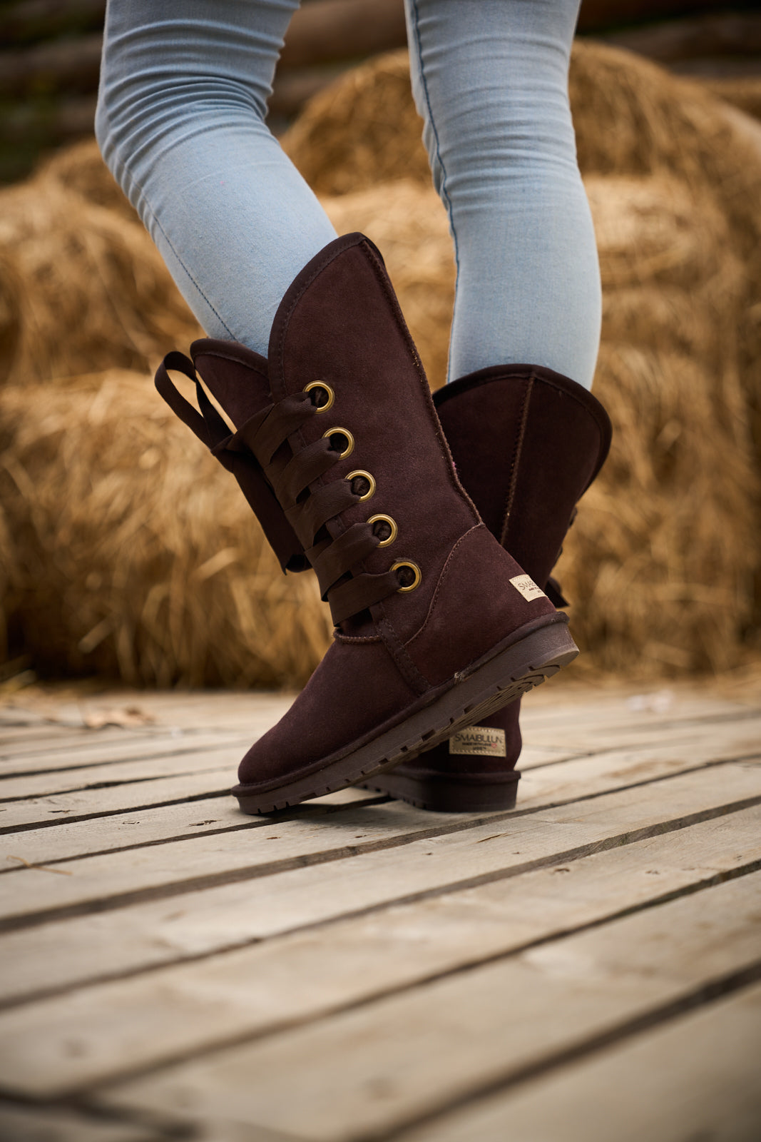 SMAIBULUN Ugg | Ribbon Lace-Up Faux Fur-lined Suede Boot - Chocolate