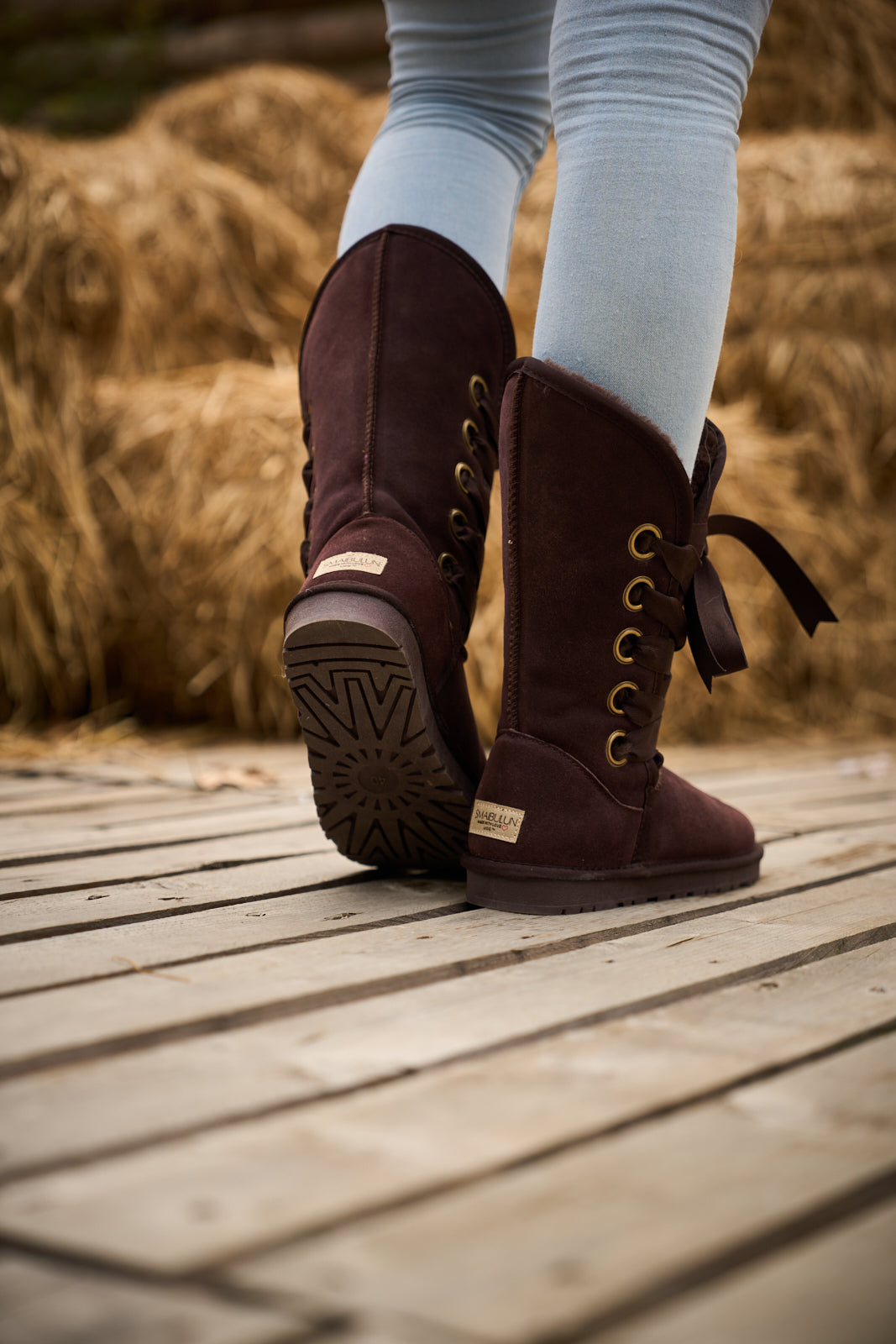 SMAIBULUN Ugg | Ribbon Lace-Up Faux Fur-lined Suede Boot - Chocolate