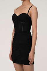 Classic Ruched Bodycon Mesh Mini Corset Dress - Black