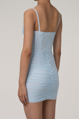 Classic Ruched Bodycon Mesh Mini Corset Dress - Light Blue