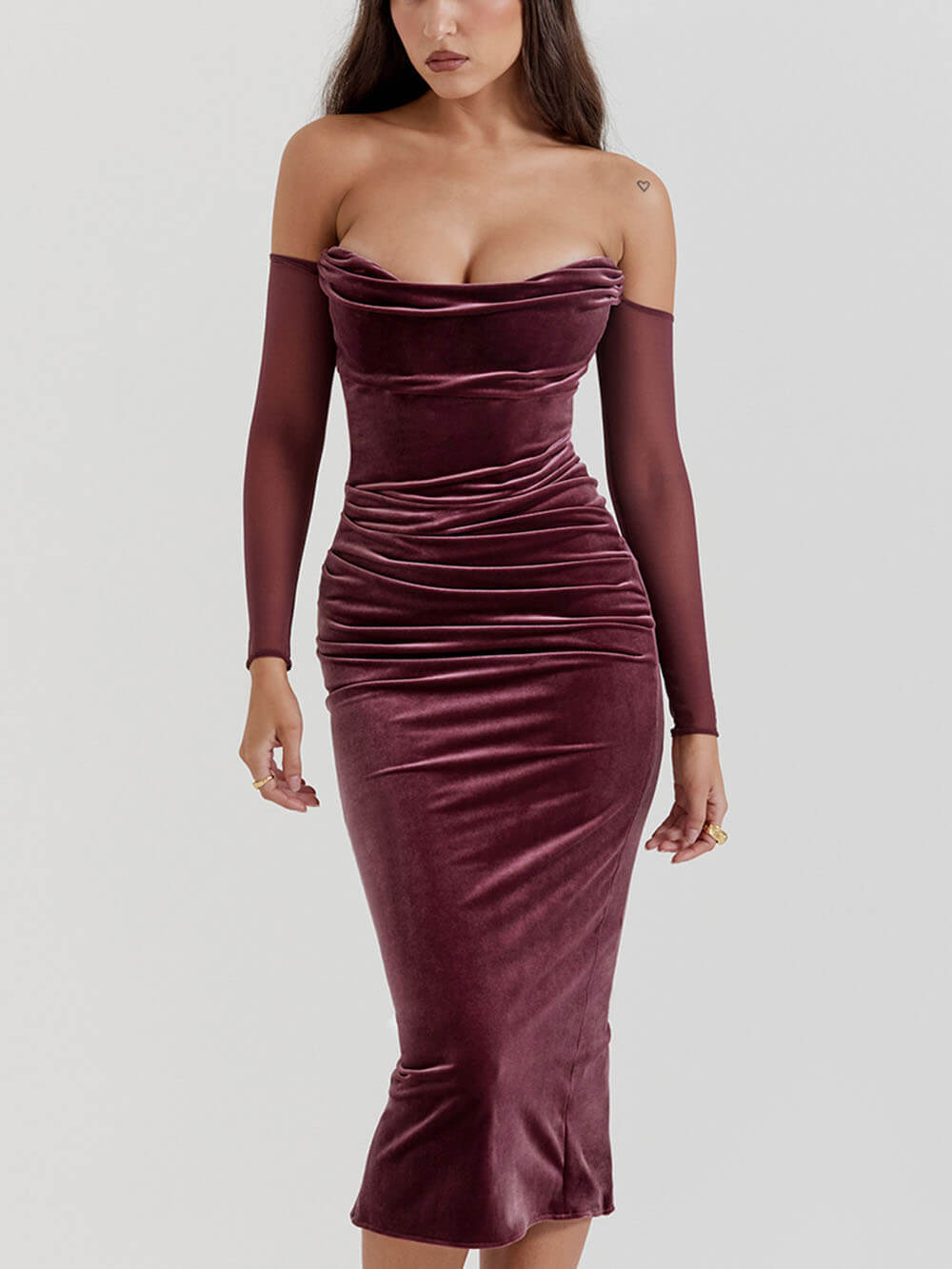 Velvet-Elegance Off-Shoulder Midi Dress