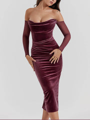 Velvet-Elegance Off-Shoulder Midi Dress