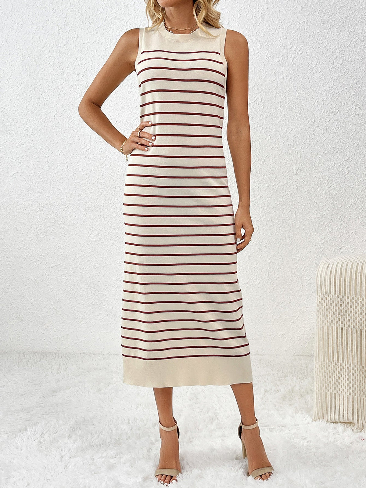 Dancing On Air Striped Knit Midi Dress - Coffee