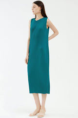 Comfy Diagonal Pleated Crew Neck Sheath Sleeveless Midi Dress - Emerald Green