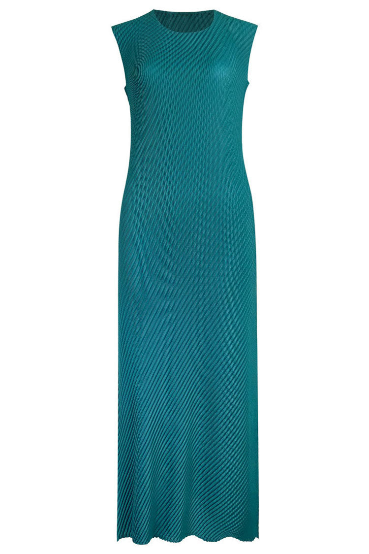 Comfy Diagonal Pleated Crew Neck Sheath Sleeveless Midi Dress - Emerald Green