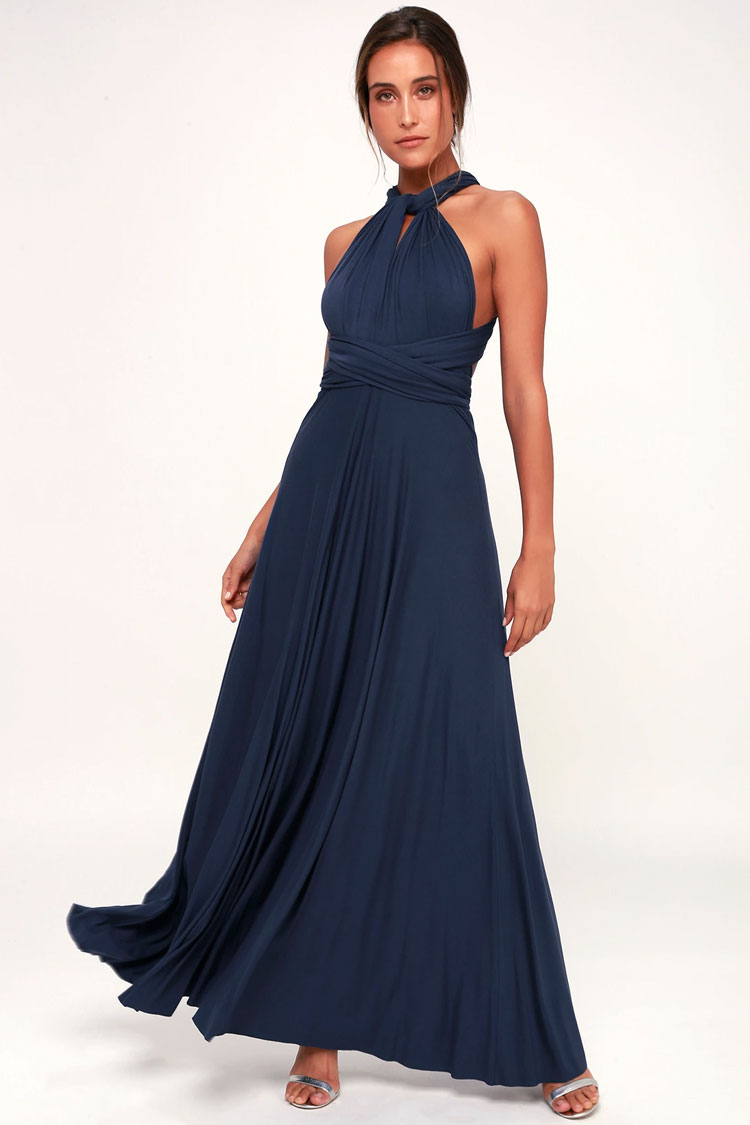 Convertible High Waist A-Line Infinity Maxi Bridesmaid Dress - Navy Blue