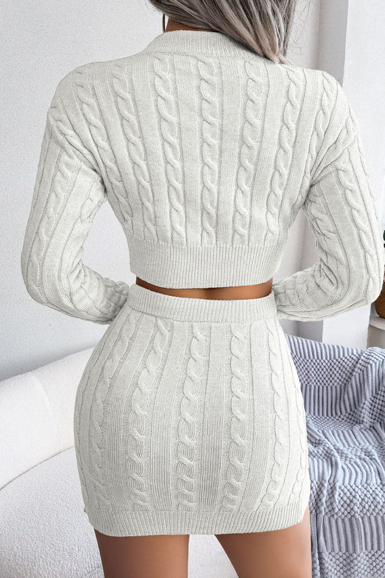 Cozy Fitted Winter Cable Knit Crop Sweater Two Piece Dress - White