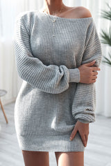 Cozy Winter Boat Neck Long Sleeve Textured Sweater Mini Dress - Gray