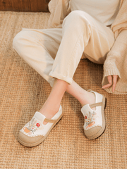 Cactus Rose | Gemma Floral Embroidered Linen Espadrilles - Cream