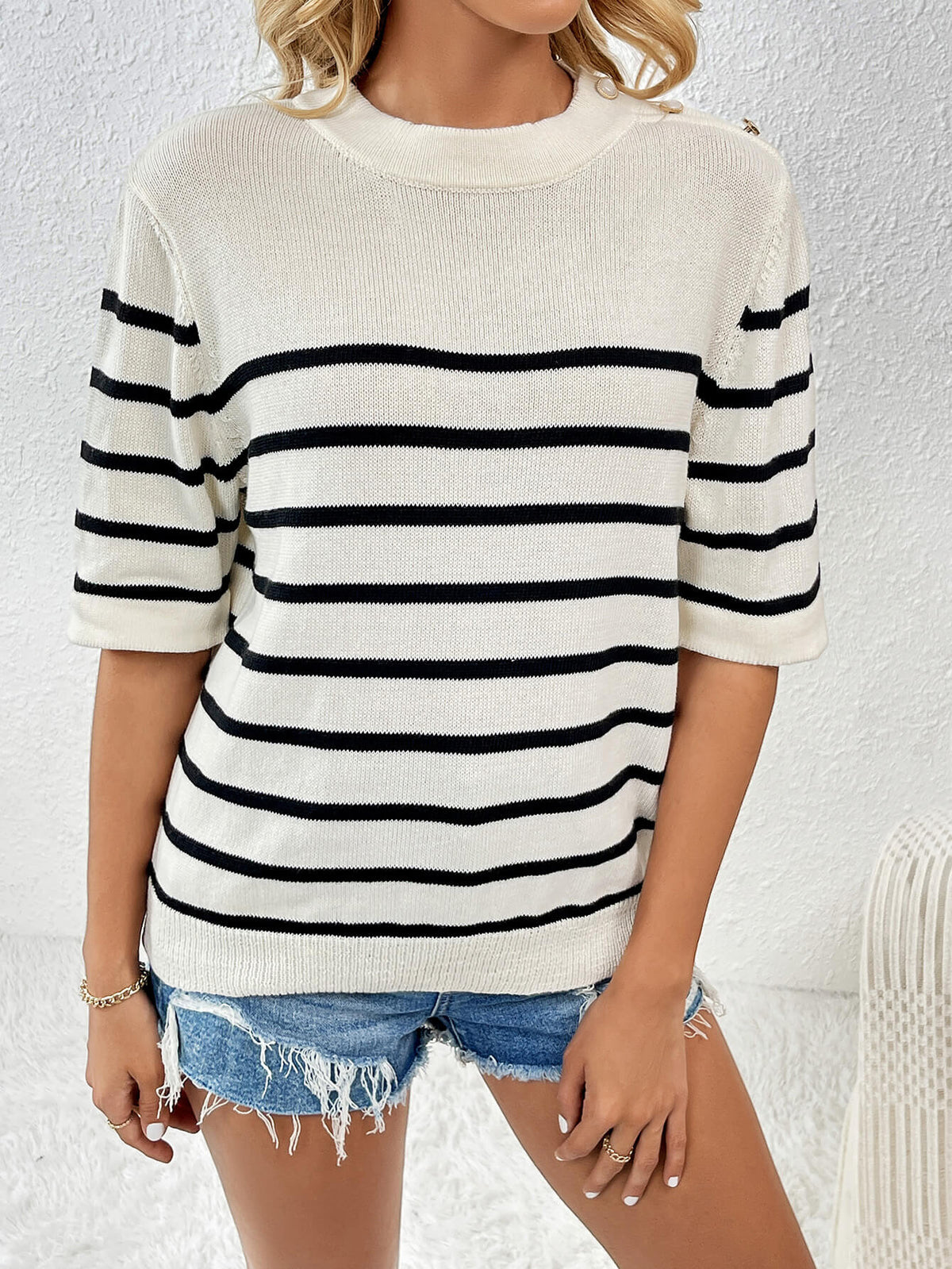 Regatta Striped Crew Neck Short Sleeve Knit Top - Cream