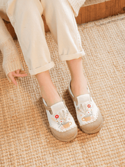 Cactus Rose | Gemma Floral Embroidered Linen Espadrilles - Cream