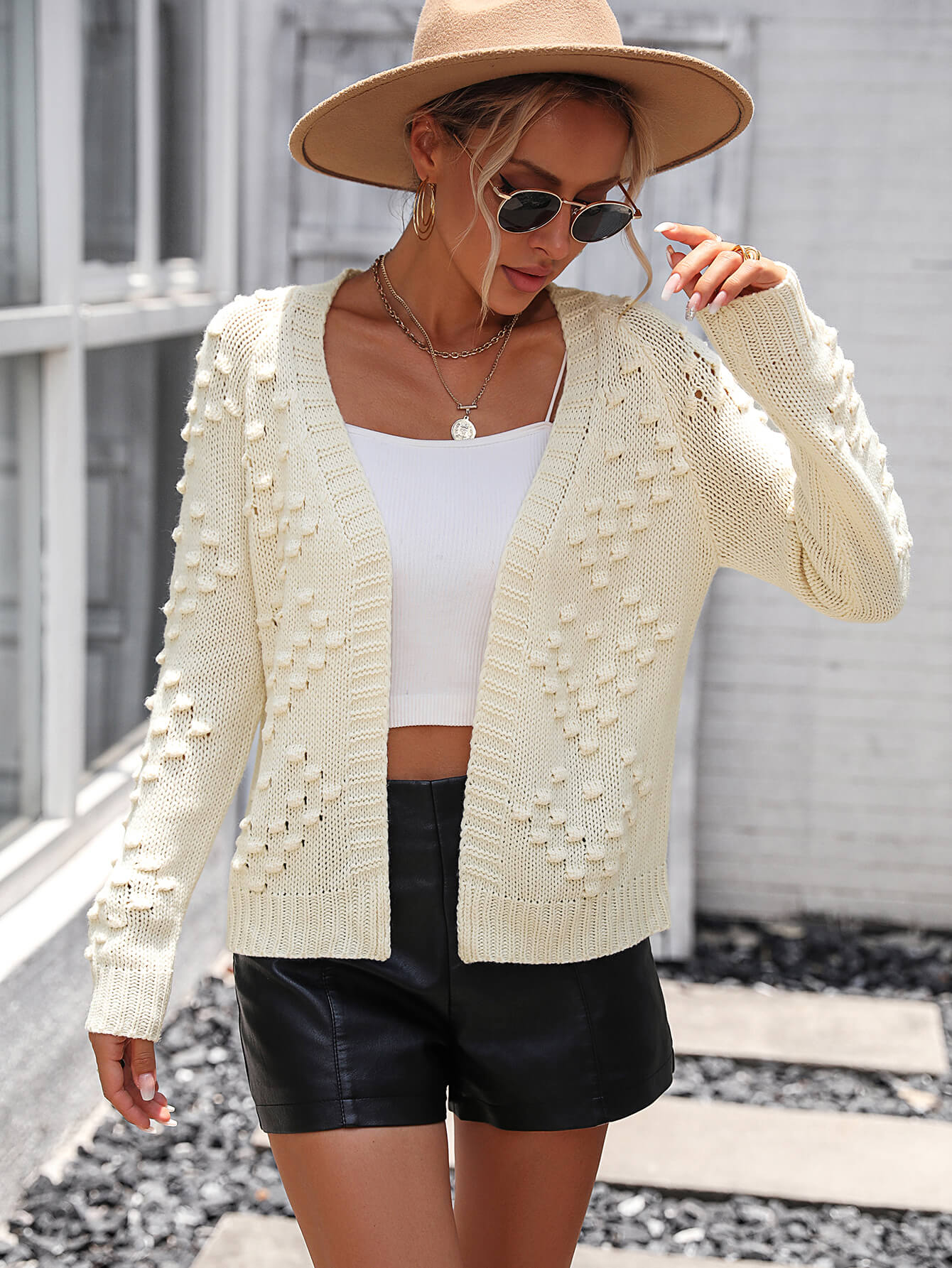 Billie Pom Open Sweater Cardigan - Cream