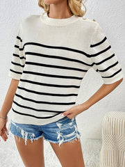 Regatta Striped Crew Neck Short Sleeve Knit Top - Cream