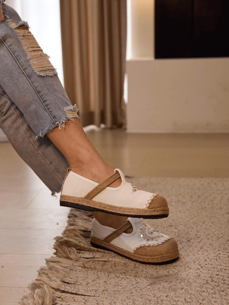 Cactus Rose | Blooming Moon Embroidered Linen Espadrilles - Cream