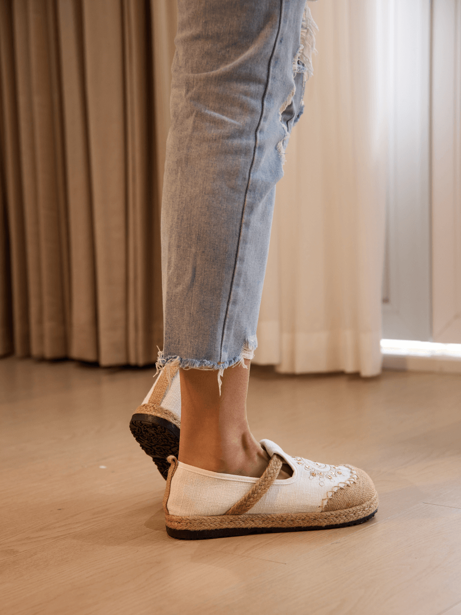 Cactus Rose | Blooming Moon Embroidered Linen Espadrilles - Cream