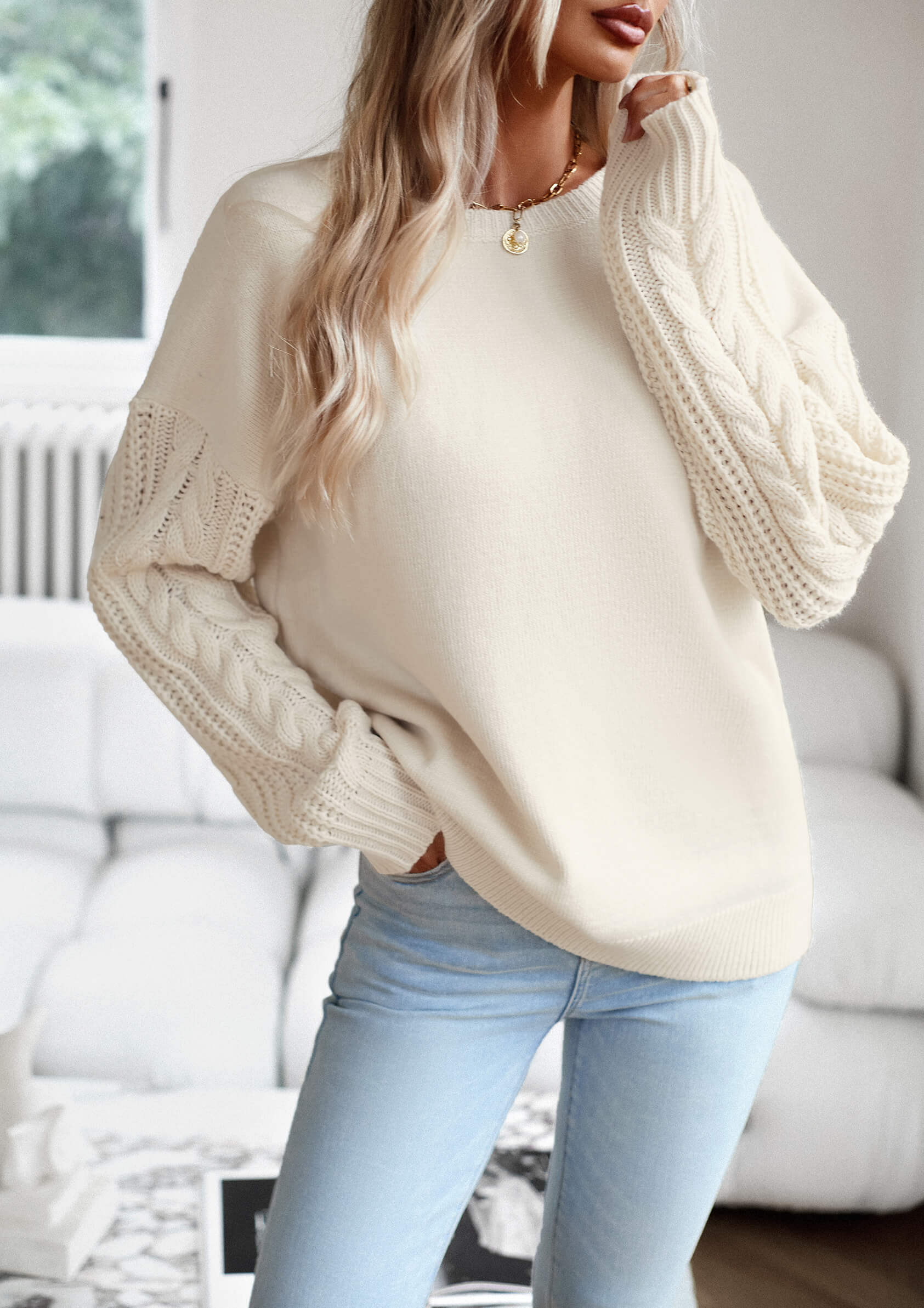 Joan Cable Sleeves Knit Pullover Sweater - Cream