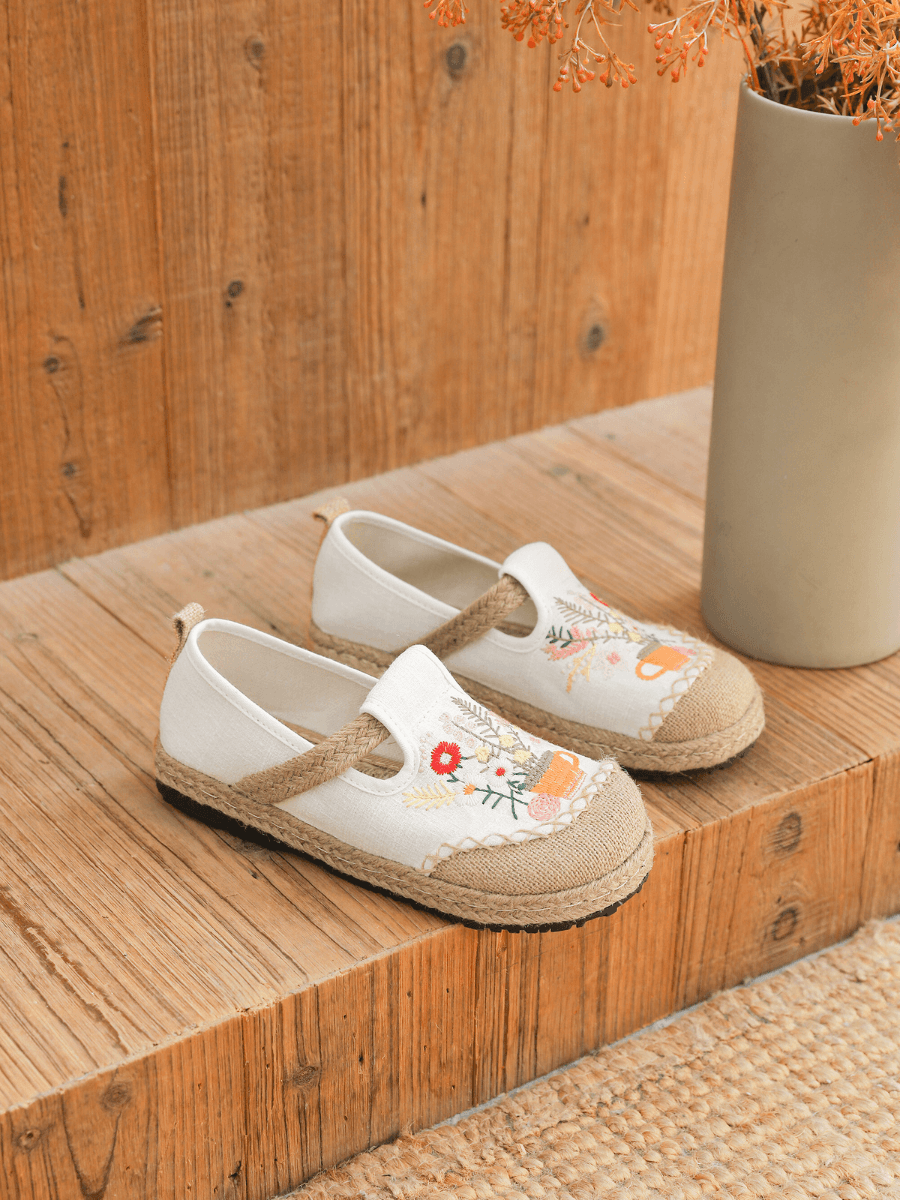 Cactus Rose | Gemma Floral Embroidered Linen Espadrilles - Cream