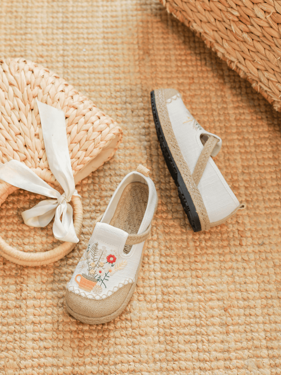 Cactus Rose | Gemma Floral Embroidered Linen Espadrilles - Cream