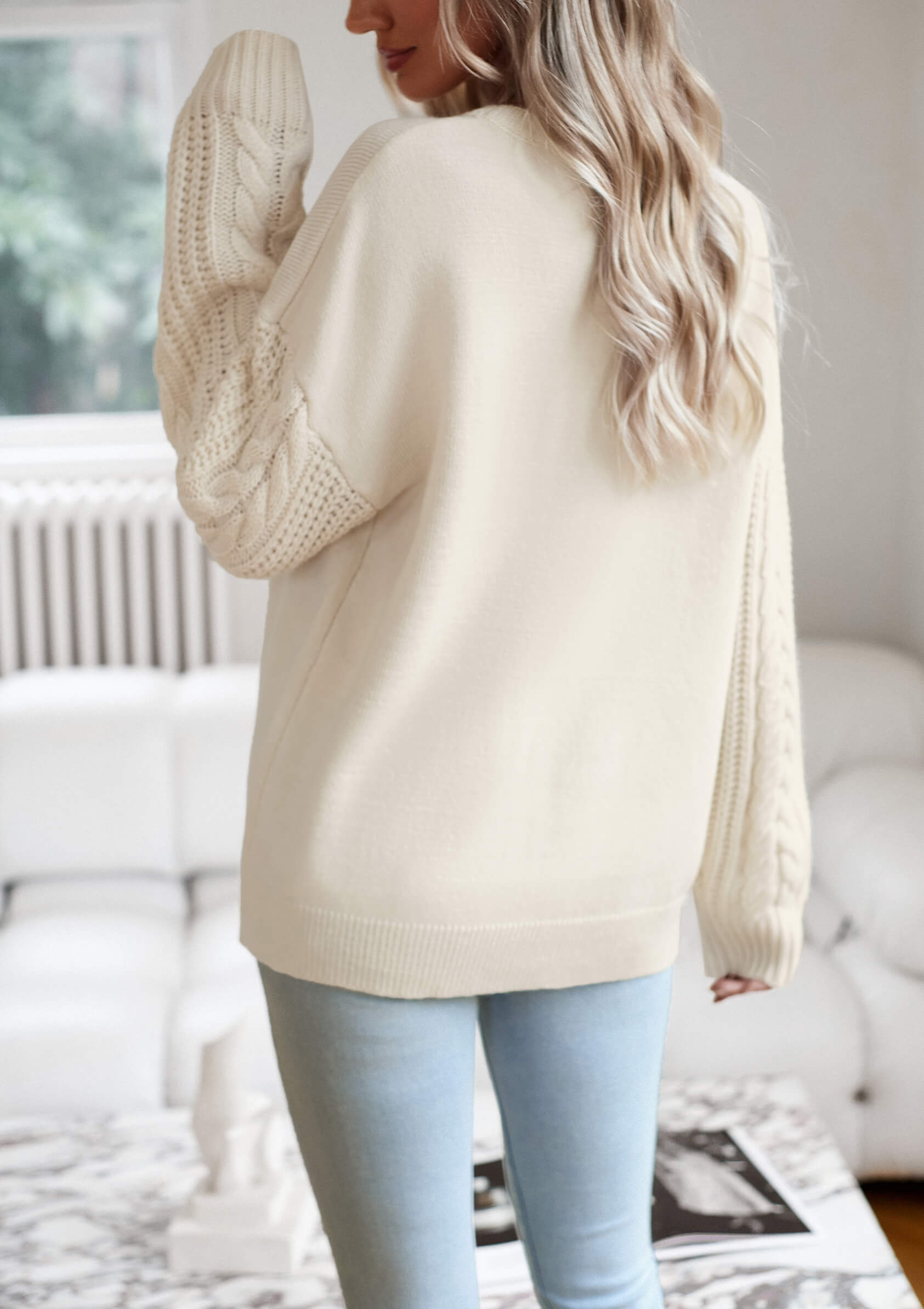 Joan Cable Sleeves Knit Pullover Sweater - Cream