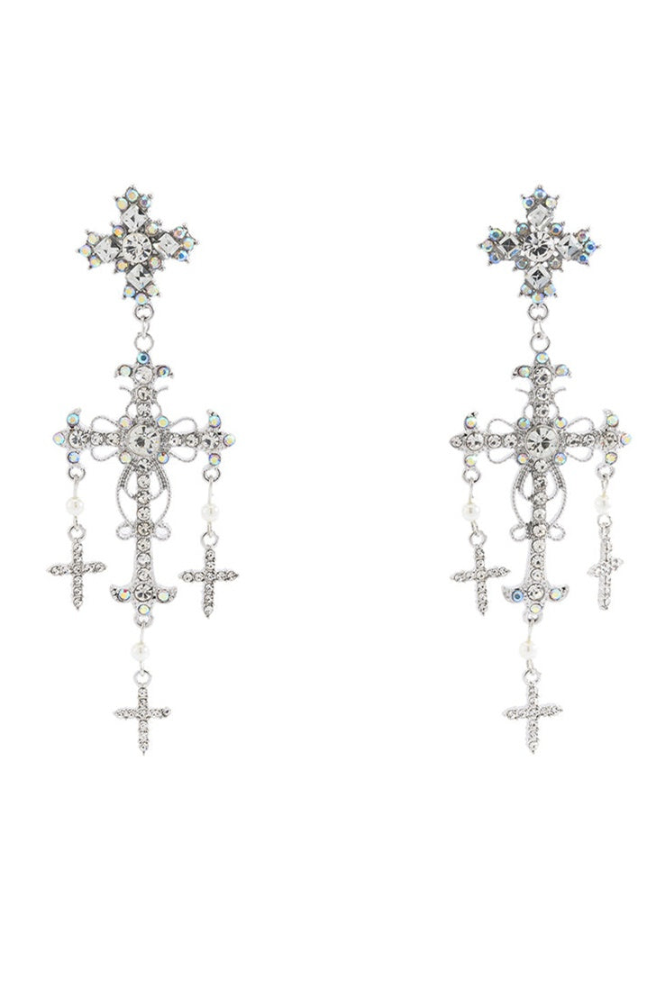 Baroque Rhinestone Cross Dangle Earrings