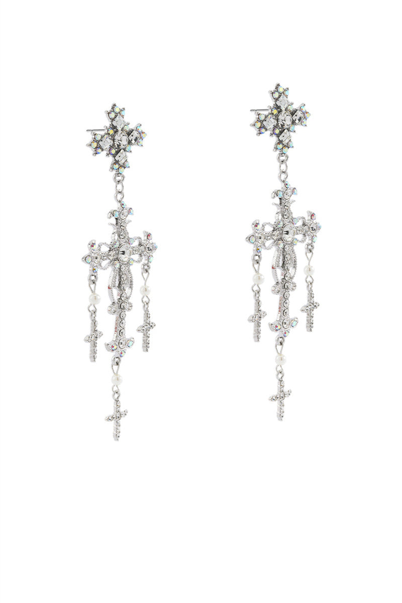 Baroque Rhinestone Cross Dangle Earrings