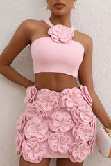 Cute 3D Rosette Cutout Crop Tank Top High Rise Mini Two Piece Dress