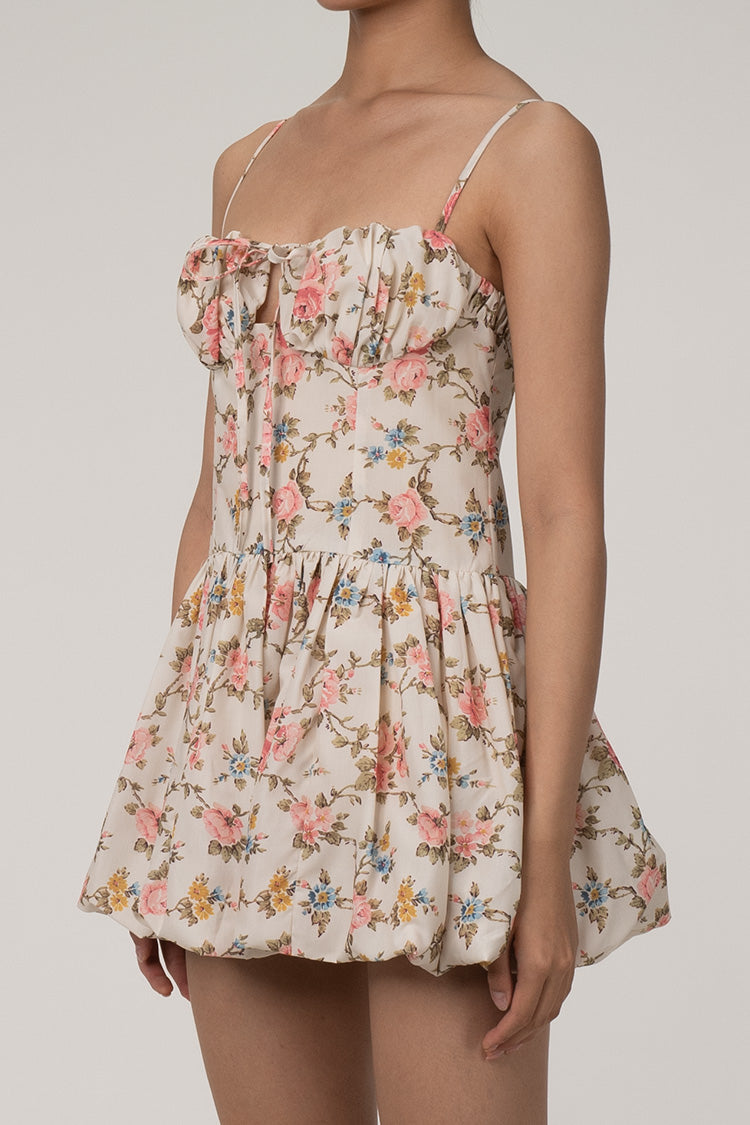 Cute Bow Tie Neck Spaghetti Strap Floral Print Summer Mini Sundress