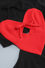 Cute Contrast Heart Cutout Bow Tie Crew Neck Long Sleeve Party Mini Dress