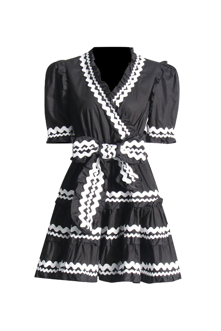 Cute Contrast Ric Rac V Neck Puff Sleeve Belted Ruffle Tiered Mini Dress