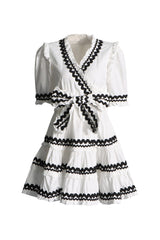 Cute Contrast Ric Rac V Neck Puff Sleeve Belted Ruffle Tiered Mini Dress