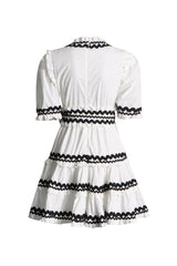 Cute Contrast Ric Rac V Neck Puff Sleeve Belted Ruffle Tiered Mini Dress