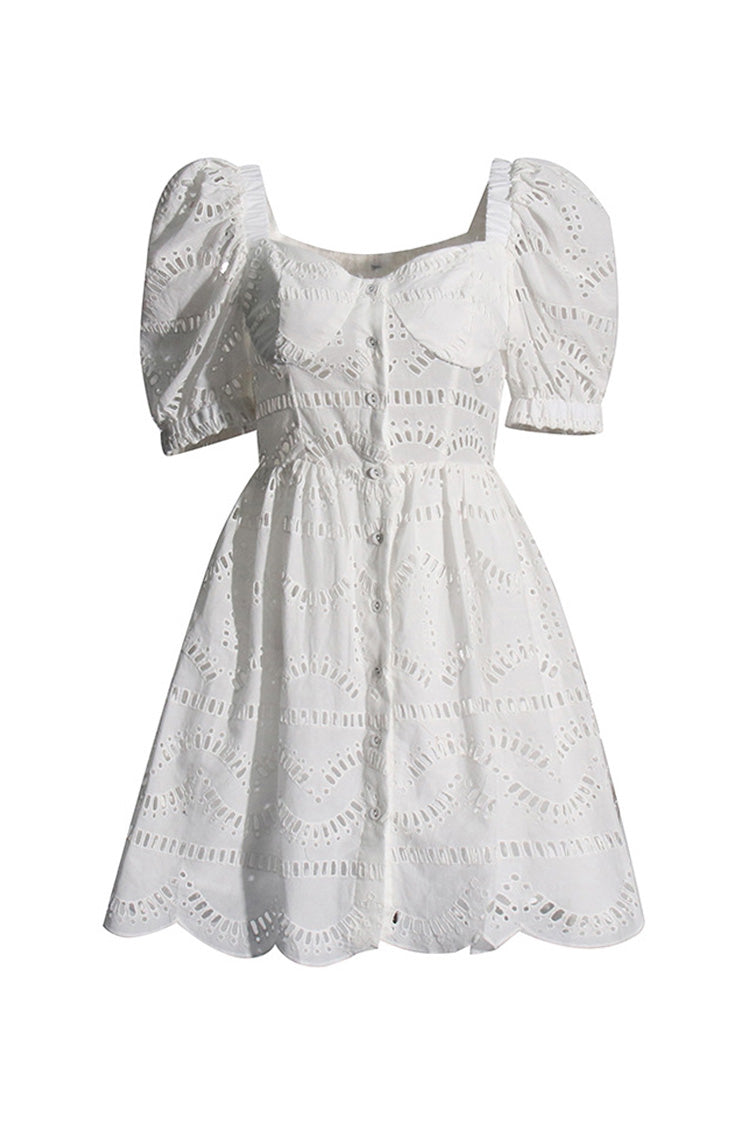 Cute Cutwork Broderie Anglaise Button Up Puff Sleeve Summer Mini Dress