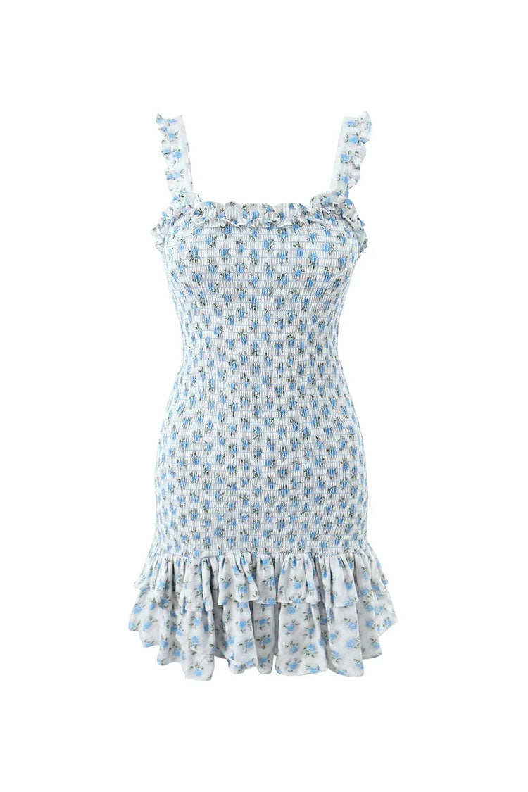 Cute Floral Print Ruffle Square Neck Bodycon Tiered Smocked Mini Sundress