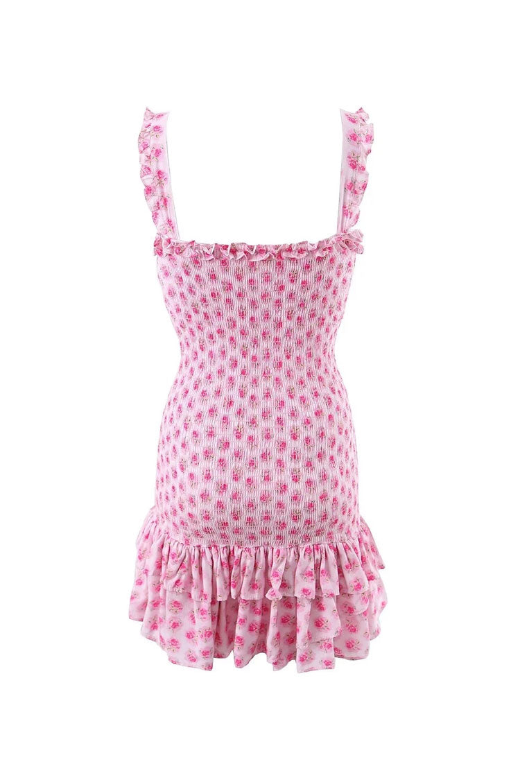 Cute Floral Print Ruffle Square Neck Bodycon Tiered Smocked Mini Sundress