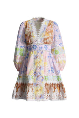 Cute Lace Guipure V Neck Floral Print Blouson Sleeve Beach Vacation Mini Dress