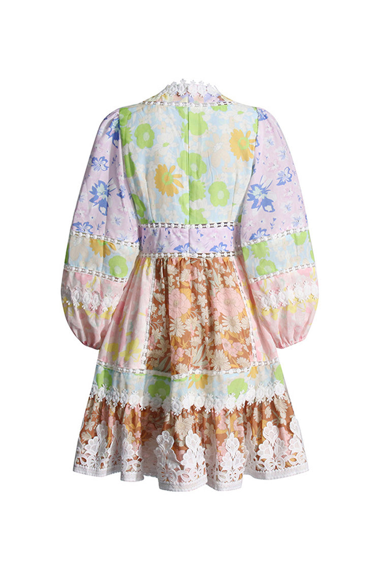 Cute Lace Guipure V Neck Floral Print Blouson Sleeve Beach Vacation Mini Dress