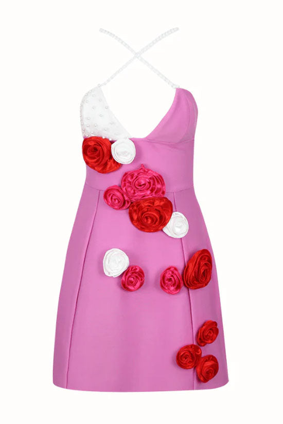 Cute Rosette Applique A Line Bandage Sleeveless Party Mini Dress - Hot Pink