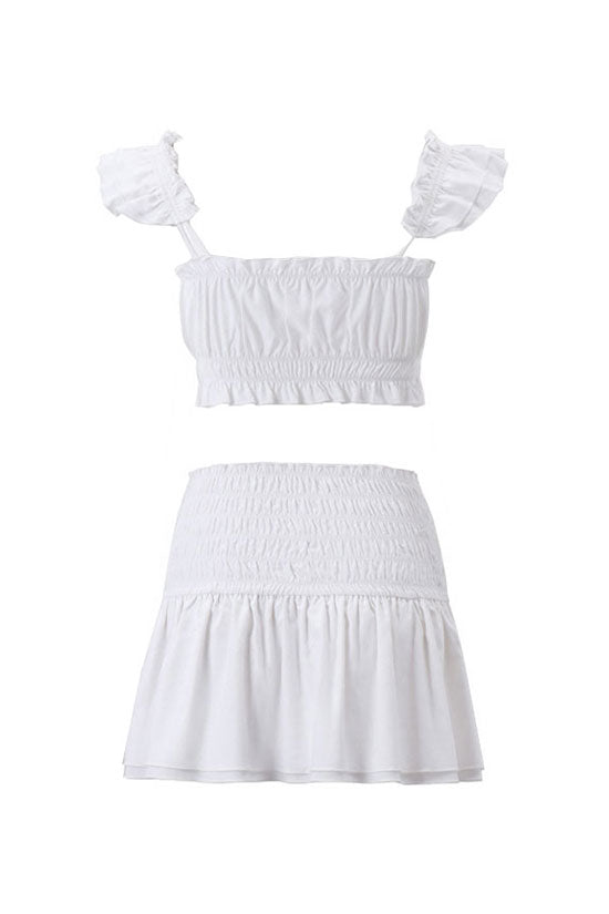 Cute Ruffled Button Up Bra Top Ruched Drop Waist Skirt Two Piece Mini Dress