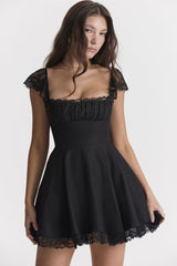 Cute Scalloped Cap Sleeve Square Neck Fit & Flare Mini Summer Sundress - Black