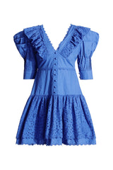 Cute Scalloped V Neck Puff Sleeve Broderie Anglaise Ruffle Tiered Mini Dress