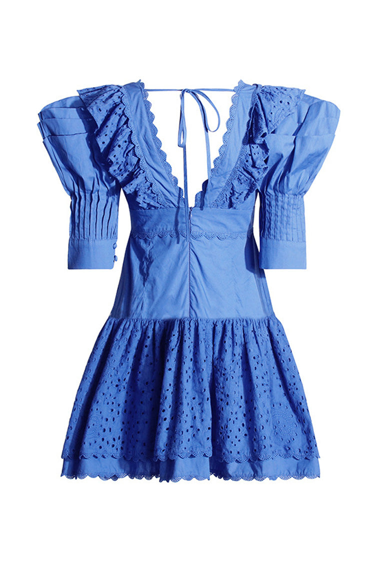 Cute Scalloped V Neck Puff Sleeve Broderie Anglaise Ruffle Tiered Mini Dress