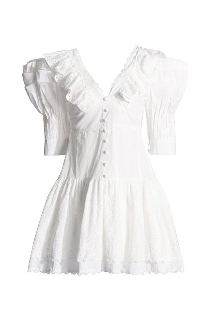 Cute Scalloped V Neck Puff Sleeve Broderie Anglaise Ruffle Tiered Mini Dress