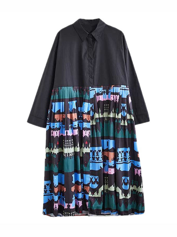 A-Line Long Sleeves Buttoned Pleated Printed Split-Joint Lapel Midi Dresses