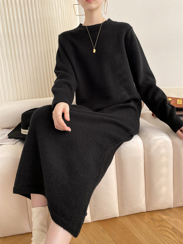 Urban Loose Long Sleeves Solid Color Round-Neck Sweater Dresses