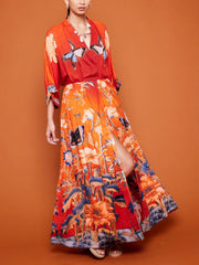 Unique Satin Butterfly And Floral Print A-Line Maxi Dress