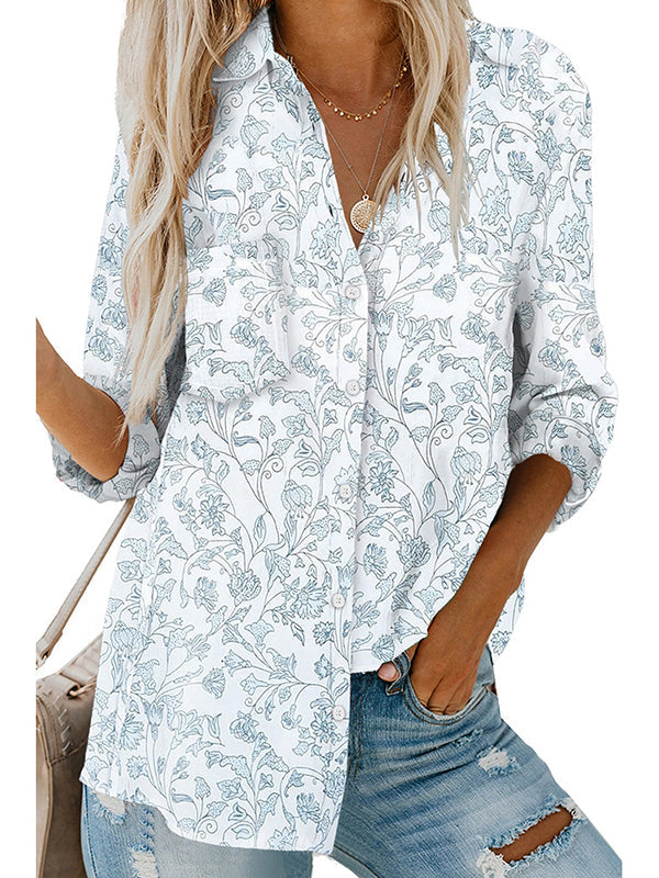 High-Low Long Sleeves Buttoned Flower Print Pockets Lapel Blouses&Shirts Tops