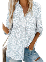 High-Low Long Sleeves Buttoned Flower Print Pockets Lapel Blouses&Shirts Tops