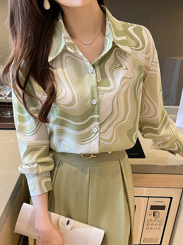 Long Sleeves Loose Buttoned Printed Lapel Blouses&Shirts Tops