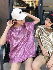 Stylish Round-Neck Sequinned T-Shirt Top